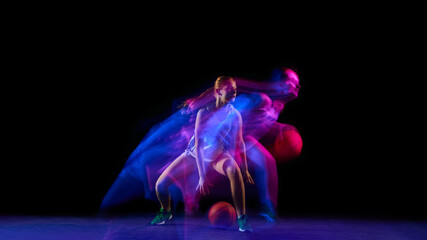 Female athlete shifting side to side with ball in motion blur. Concept of movement drills, training app visuals, athletic education, and advertising for gym and performance brands.