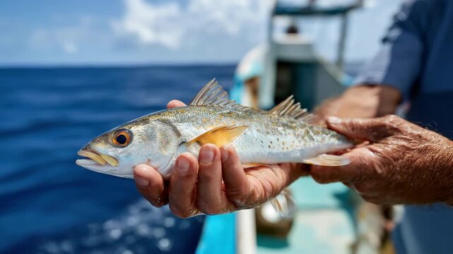 Fisherman showcasing fresh catch on blue ocean under clear sky