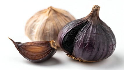 Obraz premium Single bulb of black garlic isolated on white background. This fermented food is a delicacy with a unique umami flavor and is used as a gourmet ingredient.