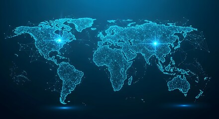 Abstract glowing digital world map with interconnected nodes representing global data and technology on a dark blue background