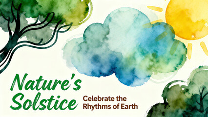 Watercolor elements of trees, clouds, and the sun, natural winter solstice, earth rhythms, and ecological festivals, suitable for ecological festival activities and natural cultural promotion.
