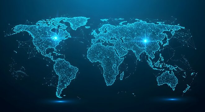Abstract glowing digital world map with interconnected nodes representing global data and technology on a dark blue background
