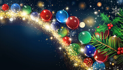 Colorful glowing holiday banner with bokeh Christmas lights.