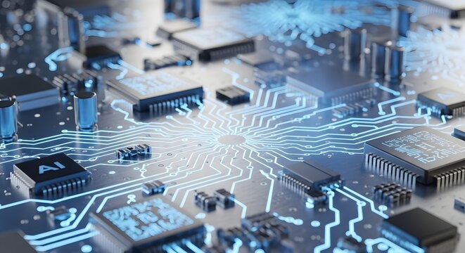 Close up of a complex electronic circuit board with glowing blue lines representing data flow and artificial intelligence technology
