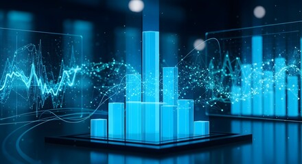 Futuristic glowing blue bar chart data visualization with abstract financial graphs and digital network background