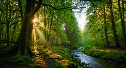 Naklejka premium Golden Sunlight Streaming Through Lush Green Forest onto a Mossy Stream