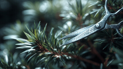 A close-up shot of a pair of scissors meticulously trimming a bonsai tree, showcasing the art of gardening