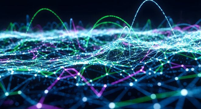 Abstract glowing digital network with interconnected nodes and flowing light trails representing data and technology - Powered by Adobe