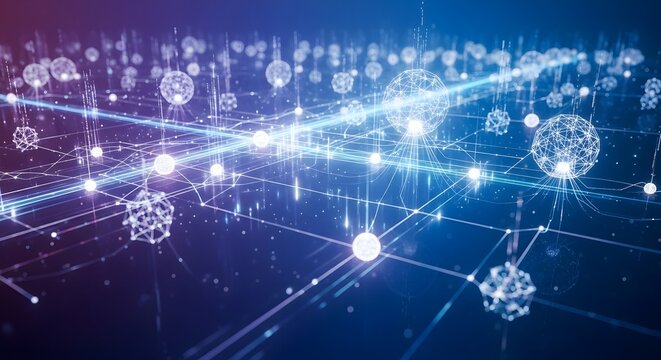 Abstract glowing network of interconnected digital nodes and lines representing global data flow and futuristic technology concepts