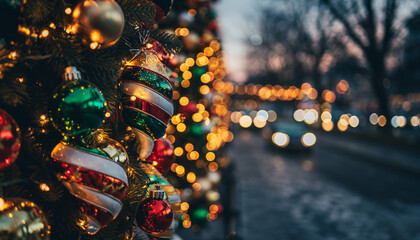 Colorful glowing holiday banner with bokeh Christmas lights.