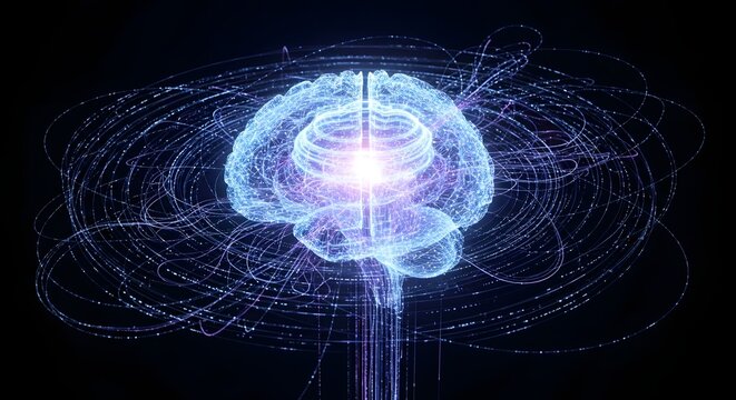 Abstract glowing human brain with neural network connections and energy flow on a dark background