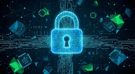 Glowing blue digital padlock symbol representing cybersecurity and data protection in a futuristic abstract network environment