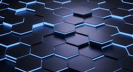 Abstract dark hexagonal grid pattern with glowing blue light emanating from the edges creating a futuristic technological background