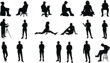 Silhouette people in sitting, standing and working poses, black human figures illustration collection on white background design