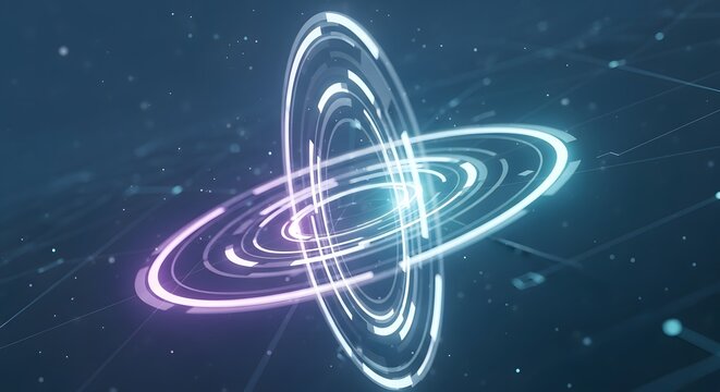 Abstract swirling luminous rings of light in deep space with glowing particles and a dark blue background