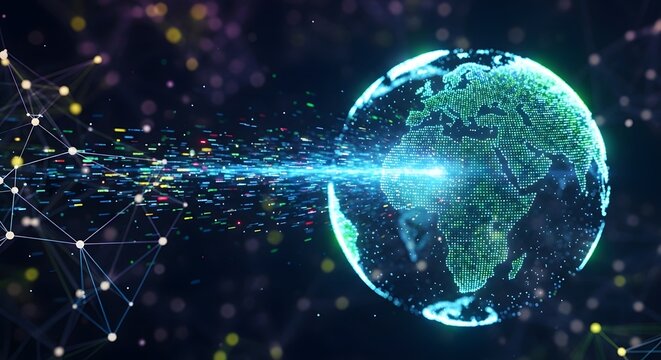 Abstract digital globe with glowing blue light stream connecting to network of data points