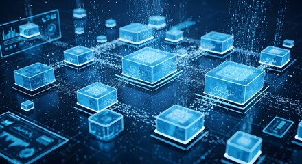 Abstract glowing blue digital data cubes connected by glowing lines representing a futuristic network or blockchain technology