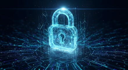 Glowing blue digital padlock icon made of abstract futuristic circuit board lines and data streams on a dark background