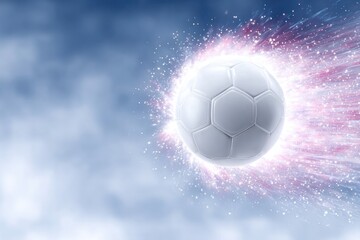 Fototapeta premium Dynamic Football Flight: A soccer ball, enveloped in a radiant aura, streaks through a cloudy sky, epitomizing the exhilaration and momentum of sports. 