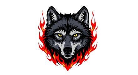 Powerful Wild Wolf Face Emblazoned with Burning Orange and Red Flames