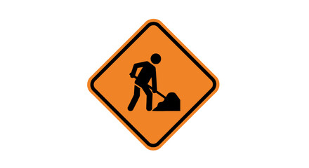 Orange diamond construction sign depicting a worker digging with a shovel
