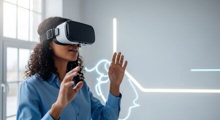 Young woman exploring a futuristic virtual reality world with a VR headset, interacting with glowing digital elements.