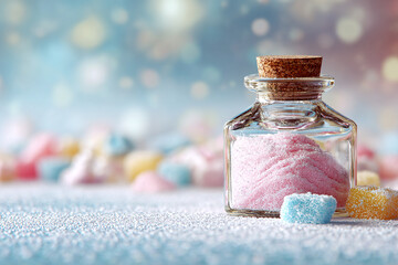 Realistic soft focus candy jar background with sugar coated sweets in bright pastel colors