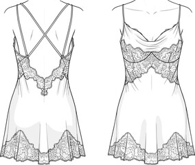Elegant lace satin nightdress fashion flat with cowl neckline and crisscross straps lingerie design illustration
