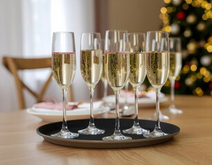 Champagne glasses filled with sparkling wine on a tray on a wooden table during a festive celebration with a blurred Christmas tree in the background.