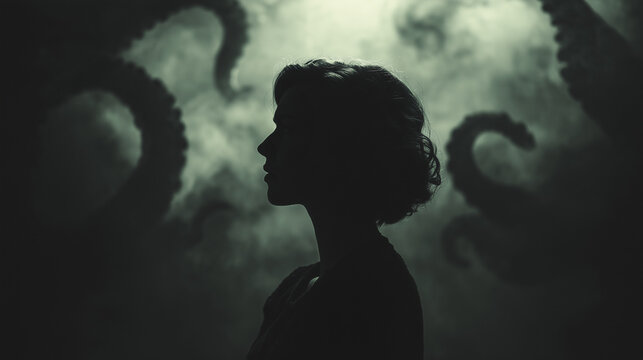 Mysterious silhouette of a woman surrounded by shadowy tentacles in fog, surreal and atmospheric dark fantasy concept symbolizing fear, mystery and the unknown