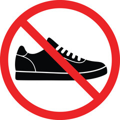 No shoes allowed sign. prohibition symbol for footwear, indicating areas where shoes are not permitted. simple vector icon on white background, black sneaker with red prohibition circle.