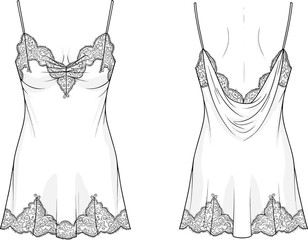 Elegant lace satin slip nightdress with draped back, floral embroidery details, and adjustable straps fashion vector illustration