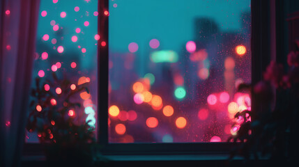 Cozy evening view through a rainy window with colorful bokeh city lights, dreamy urban atmosphere with reflections and soft focus, perfect for backgrounds, lifestyle concepts and night photography