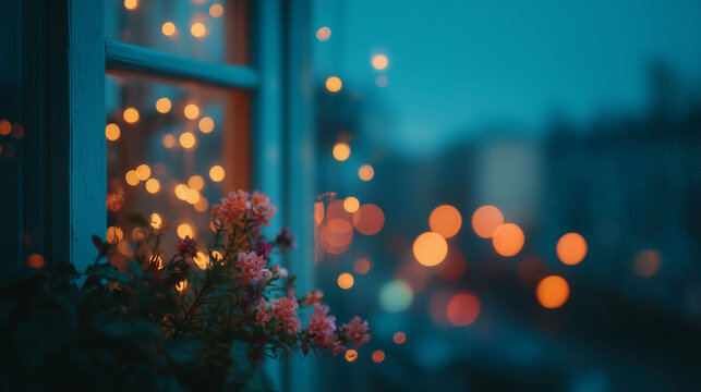 Cozy evening view through a rainy window with colorful bokeh city lights, dreamy urban atmosphere with reflections and soft focus, perfect for backgrounds, lifestyle concepts and night photography 