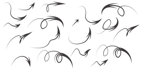 Black hand drawn arrows set vector. Doodle sketch curved and swirly arrows for infographic, presentation, and highlight design.