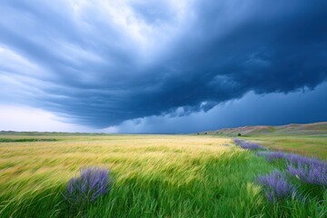 Obraz premium Storm Brewing Over the Horizon: An imposing storm cloud looms over a vast landscape of golden wheat fields and vibrant green grass, promising an impending downpour and creating a dramatic atmosphere.