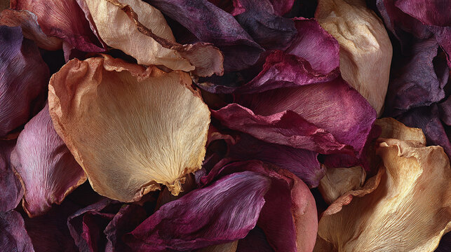 A close-up view of delicate, dried rose petals in varying shades of pink, purple, and gold. The texture is rough and the colors create a sense of natural beauty and elegance.