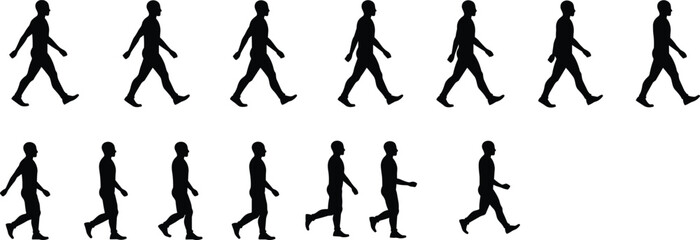Silhouette sequence of man walking in different poses isolated on white background, human motion animation concept illustration