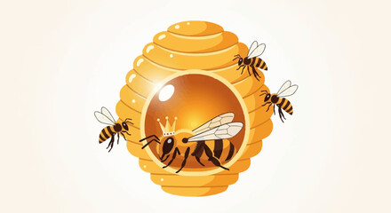 A Regal Bee Queen Oversees Her Golden Hive with Attendant Bees