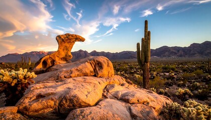 Arizona desert landscape with unique rock formation and saguaros.