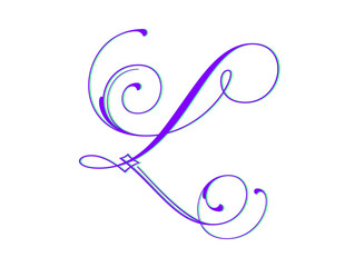 Capital letter L in artistic font colored in purple with green complimentary color