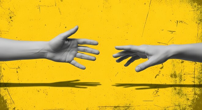 Two hands reaching out for connection on a vibrant yellow background, symbolizing support, hope, and a helping hand in times of need and collaboration