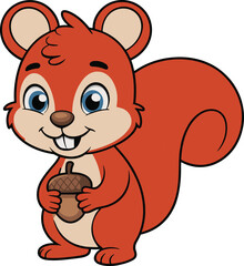 Cute cartoon red squirrel holding acorn, adorable forest animal character, happy woodland creature, children illustration, isolated vector art design
