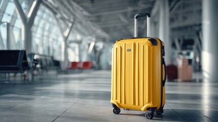 Stylish yellow suitcase standing in airport terminal