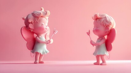 3D rendered fairy figurine with pink wings and white dress, holding a bow and arrow, set against a pink backdrop. The fairy is depicted in a side profile view.