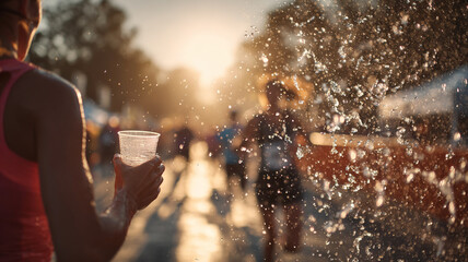 Runner holding cup of water, splashes in background, sunset glow