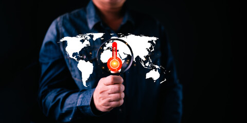Global Warming Climate Change Crisis, Magnifying Glass Thermometer World Map Concept. Earth...