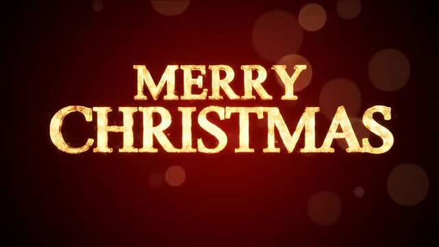 Merry Christmas gold text with floating golden bokeh and sparks on a dark red background