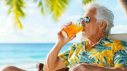 Seaside Refreshment: An elegant man, relaxed and content, takes a refreshing drink on a tropical beach, with the sun and sea enhancing his tropical vibe.
