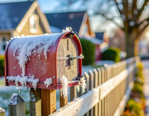 A red mailbox covered in fresh snow and icicles stands beside a wooden fence on a bright winter day with houses in the background.